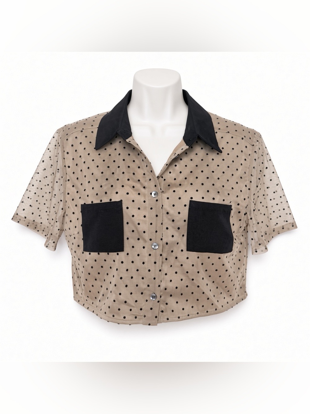 STAUD M Beige Black Polka Dot Sheer Mesh Crop Shirt Blouse Pockets